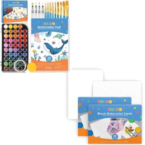 Funto 48 Color Color Watercolor Paint and 50 Blant Blank Alloard Cards ، مع 10 فرش ، 4 أقلام فرشاة ماء قابلة لإعادة التعبئة ، لوحة 30 صفحة (9 "x12") ، 50 بطاقات ومغلفات (5 "× 7" ، 140 رطل/300 جرام)