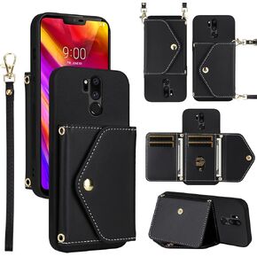 Wallet Case for LG G7 ThinQ with Wrist Lanyard Shoulder Strap, Credit Card Holder Stand Cell Phone Cover for LGG7 One G 7 Plus LG7 Fit LG7ThinQ 7G Thin Q G7+ G7thinq LGG7thinq Women Men Green