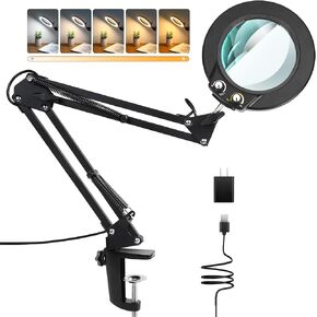 LANCOSC 3X Magnifying Glass with Light and Stand, Switch Knob for Multi-Color Modes Stepless Dimmable, LED Lighted Magnifier, 2-in-1 Desk Lamp & Clamp for Repair Craft Close Work