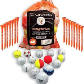 Golf Ball Monkey Pro Series Brand Golf Ball Variety Mix - Recycled and Used Top Brand Golfballs in Mint/Near Mint Condition Includes 50 Recycled Balls, 15 Tees and Mesh Bag.