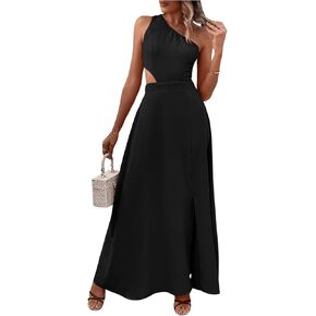 MakeMeChic Women's One Shoulder Sleeveless Cut Out Tie Back A Line Split Long Maxi Dress