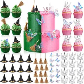 Taobary 48 PCS Witch Cake Toppers Mini Hats ، التيجان الفضية الصغيرة ، المكنسة الصغيرة ، زخارف كب كيك الفراشة ، زينة حفل عيد ميلاد المرأة ، سودل ساحرة الأفلام لحفلات الحفلات
