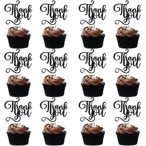 12 Pcs Thank You Cupcake Toppers,Glitter Thank You Cupcake Picks for Birthday Wedding Decorations,Happy Thanksgiving Day Baby Shower Kids Birthday Party Anniversary Party Supplies Black in Kuwait