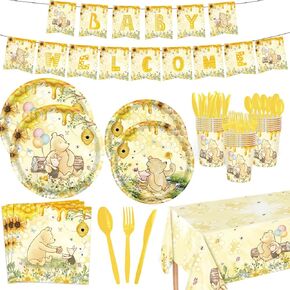 142pcs كلاسيكي دب دش استحمام الطفل أدوات المائدة استحمام الطفل مع لوحات ، منديل ، شوك ، لافتة الكؤوس وملسمة المائدة لمجموعة لوازم أعياد الميلاد.