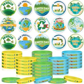 Deekin 60 PCS Earth Day Party Favors 30 Bracelets Rubber 30 Button Button Pins Bulk Earth Day Bracelet Bracelets for Party Decoration School Gowns Setwards Supplies (Novelty)