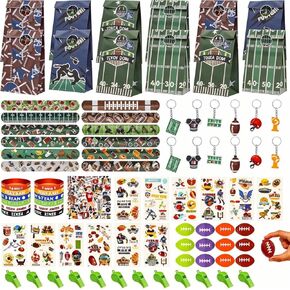 134 PCS Football Party Favors وضع 12 سوارًا من السيليكون 12 صفارات 12 سلاسل مفتاحية 12 سوار Slap 12 ملصقات الوشم 12 Spinners 12 حقيبة هدايا 50 ملصقات كرة قدم لتوفيات كرة القدم