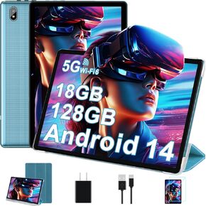 Tablet, 10.1 Inch Tablets, Android Tablet with 18GB RAM+128GB ROM/ 1TB Expand, Octa-Core 1.8GHz CPU, 6000mAh Battery, 5G WiFi, WiFi 6, BT5.0, Widevine L1 HD IPS Tableta PC-Blue