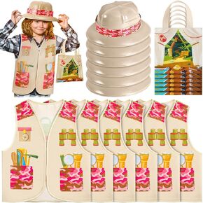 Toulite 18 PCS Kids Kids Outdoor Costume Toy تشمل 6 سترات Safari 6 Bags 6 قبعات Safari البلاستيكية المحددة للطفل والبنات Explorer Explorer Explorer Explorer jungle.