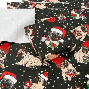 u'cover Dog Christmas Wrapping Paper - مضحك لطيف Pug Gift Paper for Kids Boys Girls Girls Men Holiday Black Xmas Gift Wrap with Cut Line 3 chape 27 × 39.4inch (3)