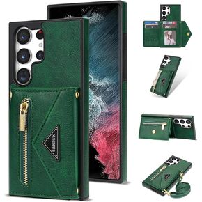 Wallet Case for Samsung Galaxy S24 Ultra 5G with Crossbody Shoulder Strap, Flip Purse PU Leather Zipper Pocket Card Slots Rugged Cell Stand Phone Cover for S24Ultra 24S S 24 24Ultra Black