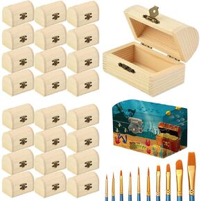 RHBLME 26 Pack Small Wooden Boxes for Crafts with 10 Paintbrushes, 3.5" x 2.4" x 2.1" Small Treasure Chest Wooden Craft Boxes with Locking Clasp, Wooden Storage Box for DIY Project Party Favor