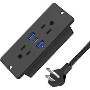 HHSOET 5 in 1 Recessed Power Strip Flat Plug, 65W Fast Charging Furniture Outlet with USB, Conference Recessed Socket with 2 AC Plugs, 2 USB Ports 1 USB-C, 6ft Power Cord. (Black)