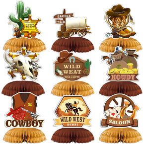 9 PCS Wild Western Party Decorations, KSKSPE Western Centerpieces for Tables Cowboy Honeycomb Centerpieces 3D Cowboy Western Theme Birthday Party Decor Supplies Boys Girls