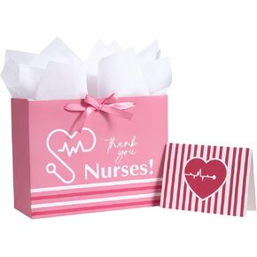 LoveInside International Nurse Day Gift Bag for Women Girls ، Pink Bow ، Love Heart and Ewth Furse Design ، حقيبة متوسطة الحجم مع ورق الأنسجة ، العلامة ، بطاقة المعايدة ، 13 "× 5" × 10 "، 1 PCS