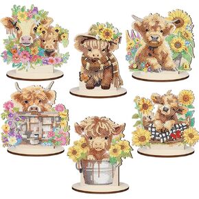 Yuntau 6 PCS Highland Cow Diamond Art Decorations Tabletop Decorations Highland Cow Party Decorations Brown Diamond Art Flower Centers for Baby Shower Birthday Form