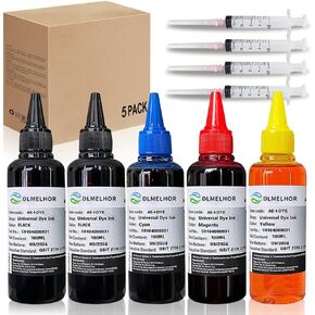 Universal Dye Ink Refill Kit for HP Epsn Canon Brother Lexmark Samsung Dell Kodak Inkjet Printers 4 Color Set 5pcs(2BK,C,M,Y) Compatible Cartridges Refillable Cartridge CISS CIS System With 4 Syringes