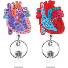 2 Pcs Cardiac Badge Reel Holder, Heart Anatomy Retractable Badge Holder Funny Nurse ID Name Card Tag Clip Cute Nursing Badge Clips for Nurses Doctor Medical Assistant Teacher Office Accessories