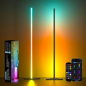 MIHEAL 2PCS Black Corner Floor Lamp, Synced Lights LED Control Floor Lamp RGB Light 56" Smart LED Corner Lamp App and Remote for Living Room Gaming Bedroom and Etc