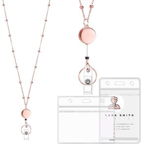 Prudiut Lanyards for Id Badges Stainless Steel Badge Lanyard with 2 Pcs Waterproof Badge Holder Retractable Badge Lanyards Teacher Lanyard for Cruise Ship Key Cards Id Badges (Rose Gold)