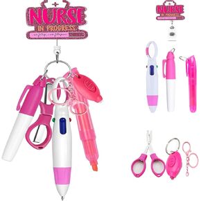 Nurse Pen Set, Retractable Badge Reels ID Clip with Ballpoint Pens, Highlighters, Permanent Markers Accessories for Nursing Nurses Student Gifts 7PCS
