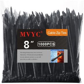 Black Zip Ties 8 inch 1000pcs Heavy Duty Zip Tie 50lbs Tensile Strength UV Resistant Cable Ties Wire Ties for Home, Office, Garden, Workshop