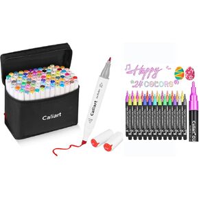 Caliart 100 Colors Alcohol Based Markers, 24-Color Double-Line Drawing Pens, Permanent Markers - Mothers Day Gift for Mom, Kids, Adults, Artist, Cards, Drawing