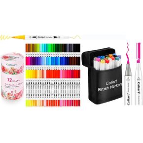 Caliart 72 Double Tip Brush Pens Art Markers, 18 Colors Brush & Chisel Double Tip Alcohol Art Markers, Drawing Pens Permanent Markers Mothers Day Gift for Mom Kids Art