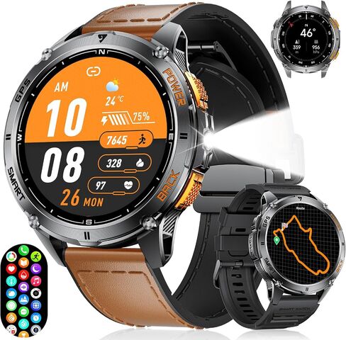 Foxbox Smart Watch للرجال الذين يعانون من GPS ، مصباح LED ، بطارية كبيرة 530 مللي أمبير في الساعة ، و 1.43 '' AMOLED Military Smartwatch إجابة/إجراء مكالمة مع شاشة نوم SPO2 SPO2 لنظام Android IOS Silver in Kuwait