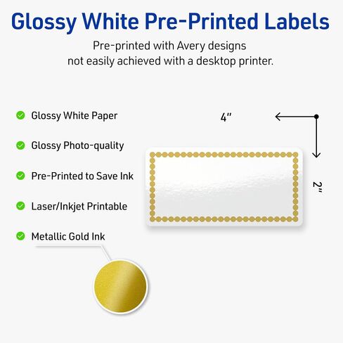 Avery Printable Rectangle Labels, Gold & Navy Border with Florals, 2" x 4", Matte White Rectangle Labels, Permanent, Laser/Inkjet, 100ct, Great for Product Labels in Saudi Arabia