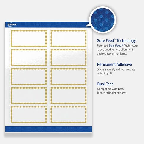 Avery Printable Rectangle Labels, Gold & Navy Border with Florals, 2" x 4", Matte White Rectangle Labels, Permanent, Laser/Inkjet, 100ct, Great for Product Labels in Saudi Arabia