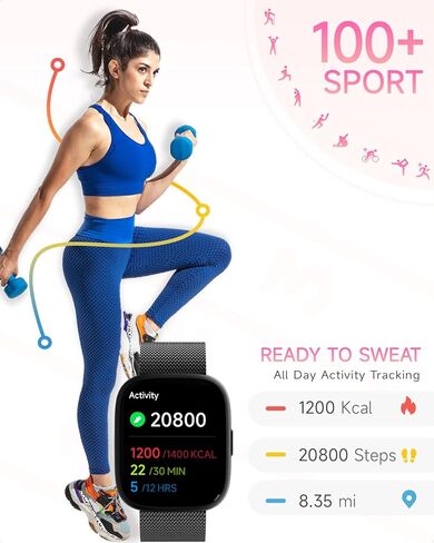 ساعة ذكية للنساء ، لا يوجد هاتف لا يلزم تطبيقه ، 1.83 بوصة متتبع اللياقة مع معدل ضربات القلب/خطوة التعقب/عداد الخطى/النوم ، مكالمات الساعات الذكية المعدنية المقاومة للماء IP68 متوافقة مع iOS Android in Kuwait