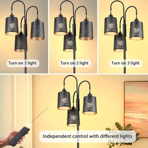 Casia Metal Tree Floor Lamp with Remote Control, Industrial 3-Lights Dimmable Tall Standing Lamp with 3pc LED Bulb, Modern Floor Lamps for Living Room, Bedroom, Study Room and Office (Black) in Saudi Arabia