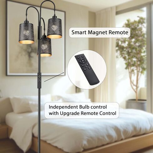Casia Metal Tree Floor Lamp with Remote Control, Industrial 3-Lights Dimmable Tall Standing Lamp with 3pc LED Bulb, Modern Floor Lamps for Living Room, Bedroom, Study Room and Office (Black) in Saudi Arabia