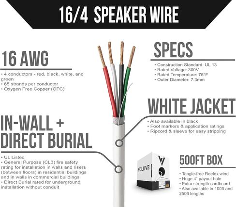 12/2 Speaker Wire, in-Wall CL3 & Direct Burial, Black, 500ft - 12AWG, 2 Conductors, Stranded Oxygen-Free Copper, UL Listed - V-1206-5 in Kuwait