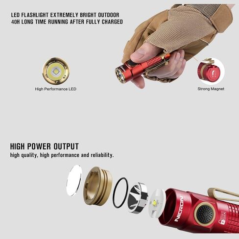 NICRON mini Flashlight, 1200 lumens Rechargeable led flashlights high lumens with Clip on Flashlight, Tactical flashlights with Magnet, Waterproof EDC Flashlight for Emergencies Camping Outdoor (Red) in Saudi Arabia