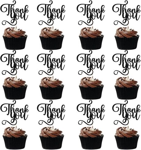 12 Pcs Thank You Cupcake Toppers,Glitter Thank You Cupcake Picks for Birthday Wedding Decorations,Happy Thanksgiving Day Baby Shower Kids Birthday Party Anniversary Party Supplies Black in Kuwait