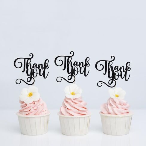 12 Pcs Thank You Cupcake Toppers,Glitter Thank You Cupcake Picks for Birthday Wedding Decorations,Happy Thanksgiving Day Baby Shower Kids Birthday Party Anniversary Party Supplies Black in Kuwait