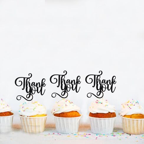 12 Pcs Thank You Cupcake Toppers,Glitter Thank You Cupcake Picks for Birthday Wedding Decorations,Happy Thanksgiving Day Baby Shower Kids Birthday Party Anniversary Party Supplies Black in Kuwait