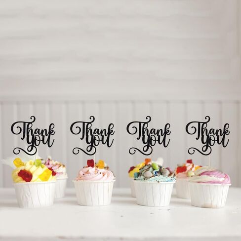12 Pcs Thank You Cupcake Toppers,Glitter Thank You Cupcake Picks for Birthday Wedding Decorations,Happy Thanksgiving Day Baby Shower Kids Birthday Party Anniversary Party Supplies Black in Kuwait