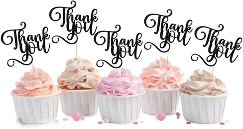 12 Pcs Thank You Cupcake Toppers,Glitter Thank You Cupcake Picks for Birthday Wedding Decorations,Happy Thanksgiving Day Baby Shower Kids Birthday Party Anniversary Party Supplies Black in Kuwait