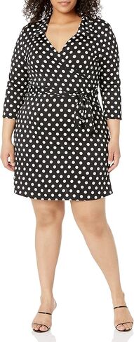 Star Vixen Women's 3/4 Sleeve Fauxwrap Dress with Collar, Red/White Dot, Small in Kuwait