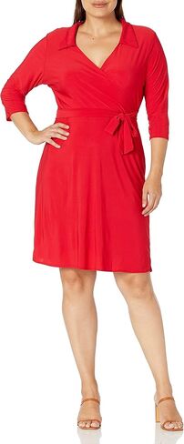 Star Vixen Women's 3/4 Sleeve Fauxwrap Dress with Collar, Red/White Dot, Small in Kuwait