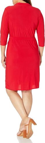 Star Vixen Women's 3/4 Sleeve Fauxwrap Dress with Collar, Red/White Dot, Small in Kuwait