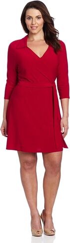 Star Vixen Women's 3/4 Sleeve Fauxwrap Dress with Collar, Red/White Dot, Small in Kuwait