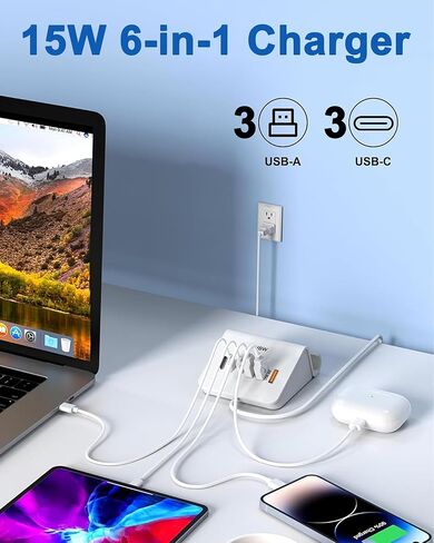 VHBW USB Charging Station, 6 Port 3USB-A and 3USB-C Charging Station for Multiple Devices, Multi USB Nightstand Charger Station with Phone Stand (ETL Listed, 6Ft Extension Cord, White) in Kuwait