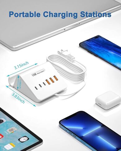 VHBW USB Charging Station, 6 Port 3USB-A and 3USB-C Charging Station for Multiple Devices, Multi USB Nightstand Charger Station with Phone Stand (ETL Listed, 6Ft Extension Cord, White) in Kuwait