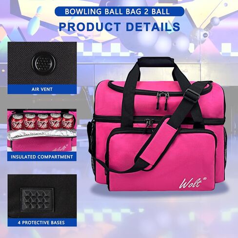 WOLT Bowling Ball Bag for 2 Balls, 2 Ball Bowling Bag with Padded Ball Holder- Fits Bowling Shoes Up to Mens Size 16, bowling accessories in Kuwait