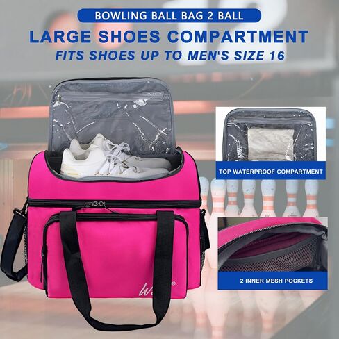 WOLT Bowling Ball Bag for 2 Balls, 2 Ball Bowling Bag with Padded Ball Holder- Fits Bowling Shoes Up to Mens Size 16, bowling accessories in Kuwait