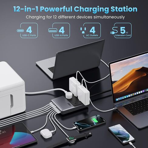 12-in-1 Charging Station USB C Power Strip with 5ft Cord,105W GaN IV USB C Charger Block,4 AC Outlets,4 USB-A,4 USB-C for MacBook,iPhone 16/15/14,Fast Charging Desktop Charger for Office,Home (Purple) in Saudi Arabia