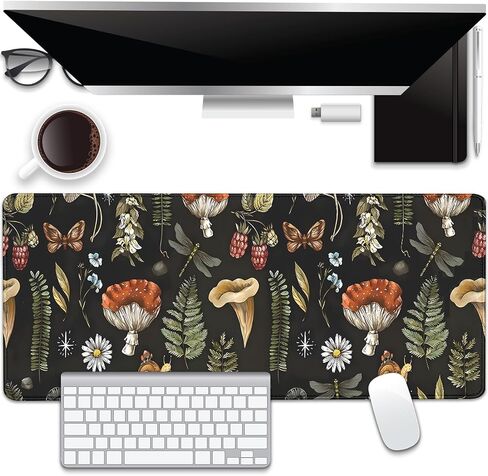 Plant Mushroom Desk Pad Mouse Pad,Large Black Aesthetic Mouse Mat with Stitched Edges,Non-Slip Rubber Base Mousepad for Office PC Keyboard Laptop and Home Work Desk Mat(27.5X11.8 in) in Kuwait